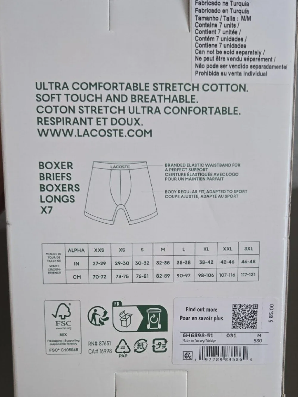 Lacoste Black Cotton Stretch Boxer Briefs - 7 Pack